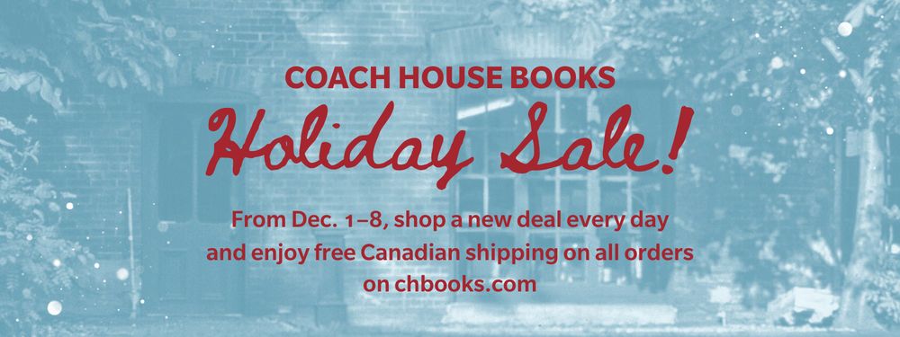 A photo of the coach house tinged blue, with the red text: CHB Holiday Sale! From Dec 1-8, shop a new deal every day and enjoy free Caandian shipping on all orders on chbooks.com"