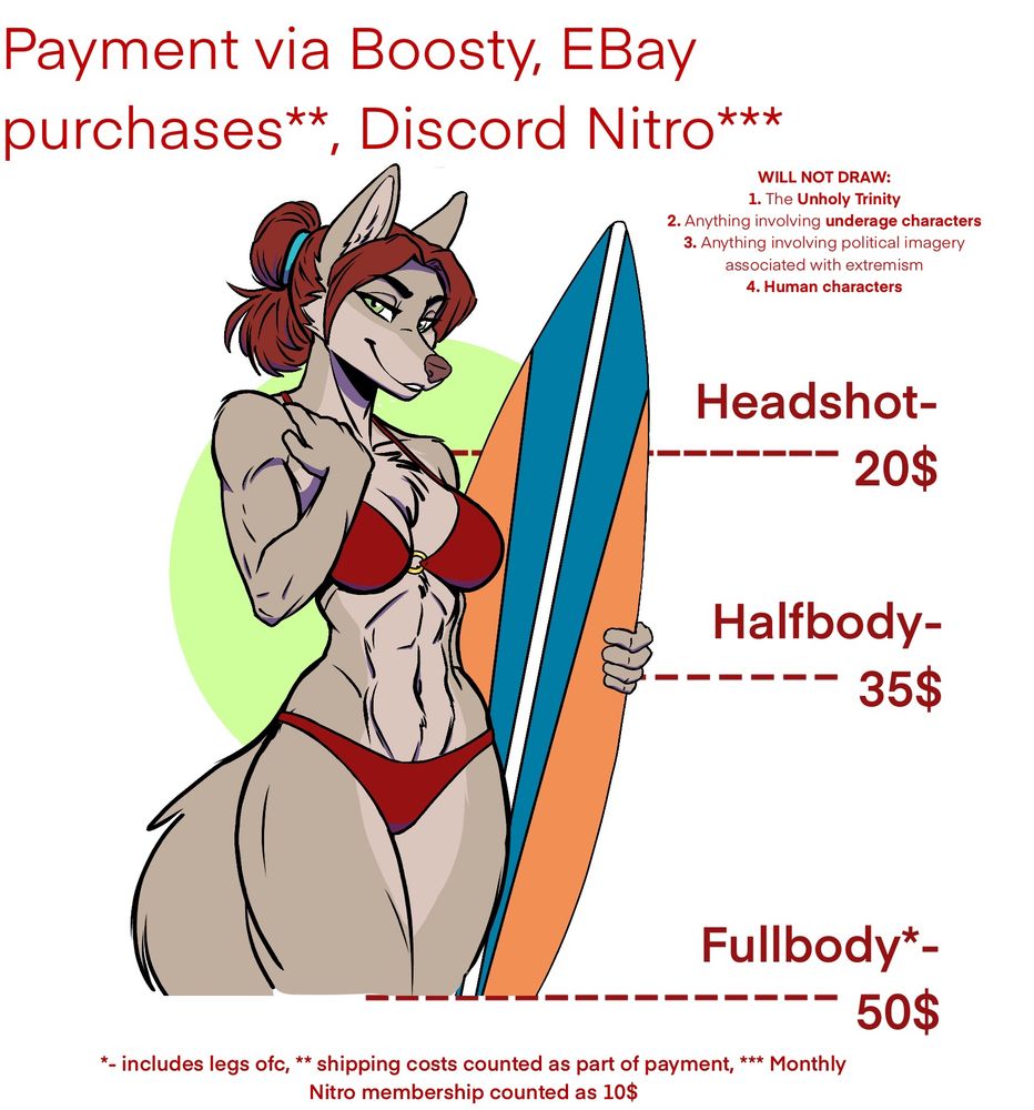 A drawing of a moderately athletic female fox with tan fur and red hair dressed in red bikini