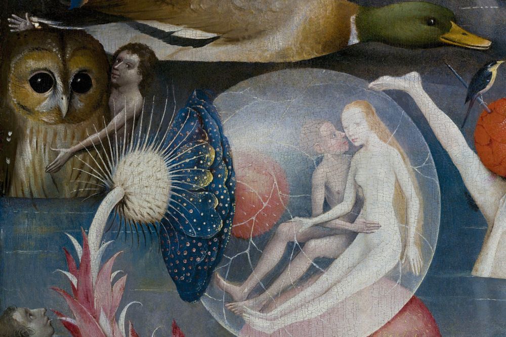 Central panel (detail), Hieronymus Bosch, The Garden of Earthly Delights, c. 1480–1505, oil on panel, 220 x 390 cm (Museo del Prado, Madrid) showing an oversized owl being embraced by a nude man, a large duck stretched across the top, a very large and invented flower, and a nude couple caressing each other within a large translucent sphere .