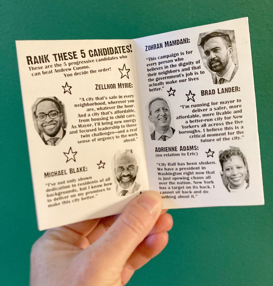 Hand holding open spread of zine with "Rank these 5 candidates" in the upper left, and pics and quotes from Zellnor Myrie, Zohran Mamdani, Brad Lander, Michael Blake and Adrienne Adams