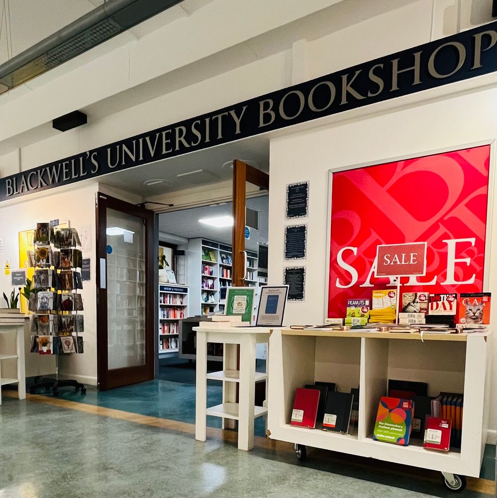 Blackwell’s University Bookshop storefront in the Great Hall building in Exeter. 