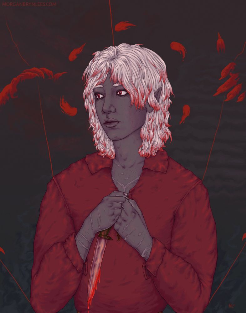 A worried dark elf with red-tipped white hair and scarred hands holds a bloody knife in front of him. In the background are bloody Tears of Bhaal and puppet strings.