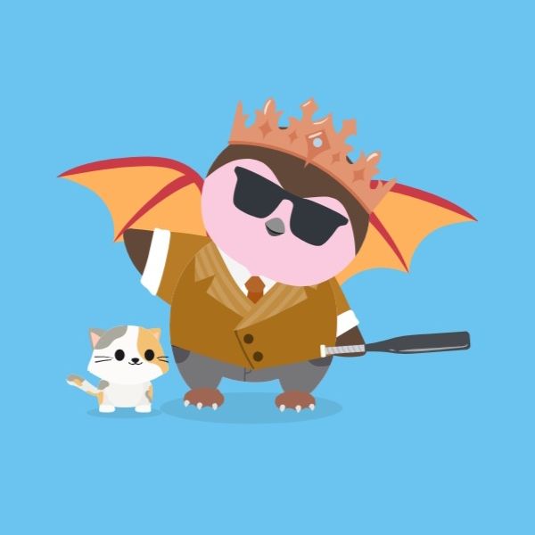 This is a screenshot showing a mob boss outfit from the Finch App. The finch is wearing a light brown suit with black shades, dragon wings, and brown tiger booties. The crown and bat add to the mob boss vibe. Their micro pet Butterscotch the Calico completes the look.