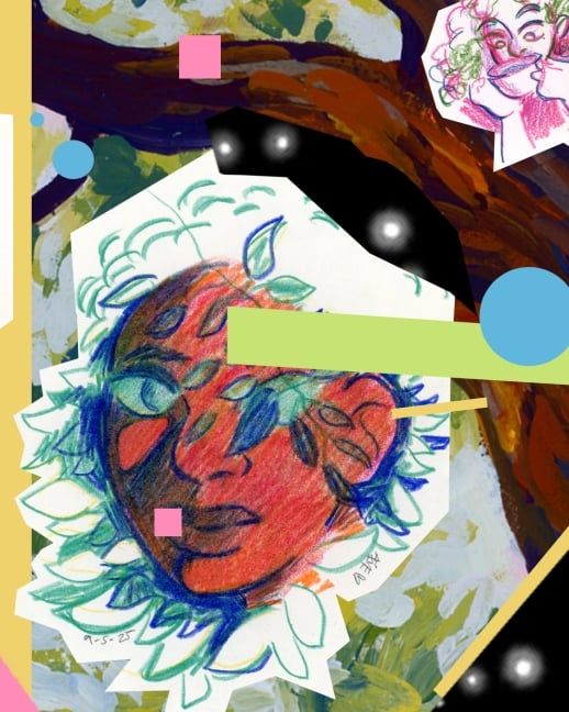 Digital collage shows a tree, a person with leaves, a person with a tea cup, and various simple shapes. 