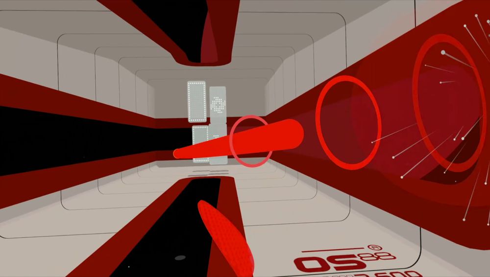 A first-person POV of a ball-and-paddle game in space. It's very stylish.