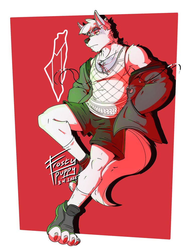 My fursona, Amal (white and blue wolfox) with new clothes: a black jacket unzipped and open while hanging loosely at his shoulders, black shorts with a red stripe, white socks, and open toe black shoes with green highlights. He is also wearing a white tank top with a kuffeyeh print and a necklace with the outline of Palestine. He is standing against a red background with a white outline of Palestine and it's flag imposed over the boundary. The shading is red and lighting is green. All the colors are to invoke Palestine's flags colors. 