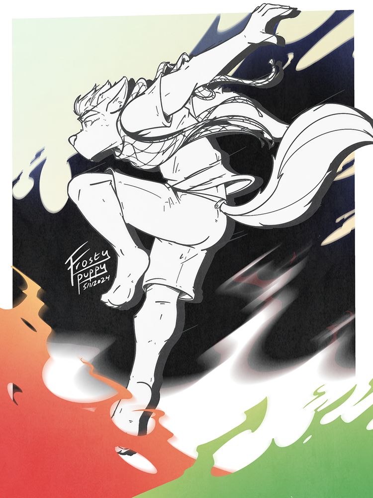 A black and white drawing of a wolfox character wearing a Palestinian Kuffeyeh running/jumping through flames in the colours of the Palestinian flag with a determined look on his face.