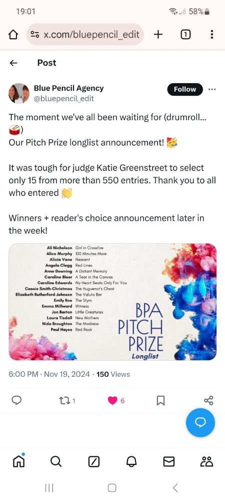 Blue Pencil Pitch Prize 2024 longlist.

The moment we've all been waiting for (drumroll...🥁)
Our Pitch Prize longlist announcement! 🥳

It was tough for judge Katie Greenstreet to select only 15 from more than 550 entries. Thank you to all who entered 👏

Winners + reader's choice announcement later in the week!