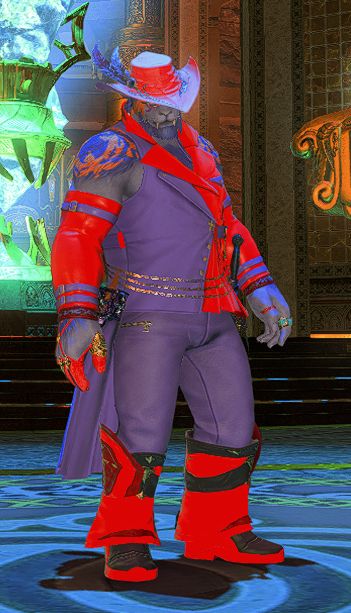 Purple hrothgar in a two tone red and purple outfit