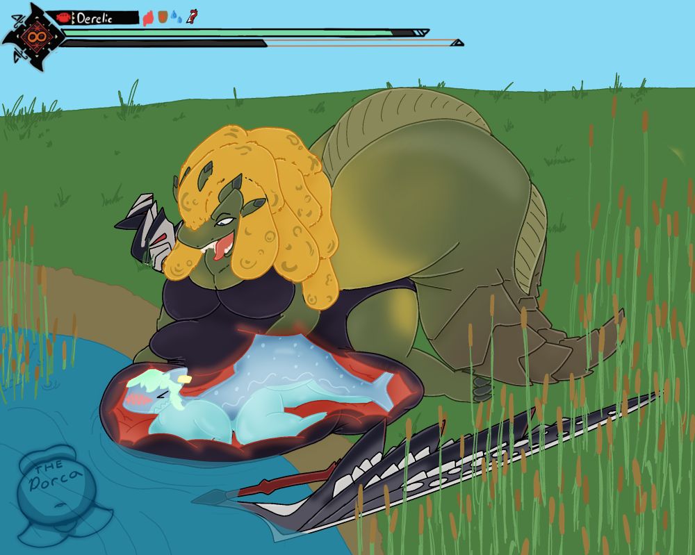 Loofah (Royal Ludroth) presses down over her belly full of a particularly tasty catch, Derelic (Whale Shark), teasingly mushing and rubbing over him harmlessly after disarming the monster hunter and consuming them.
