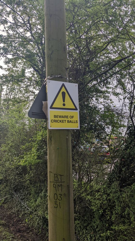 A sign attached to a telegraph pole with a warning sign and "BEWARE OF CRICKET BALLS" on it
