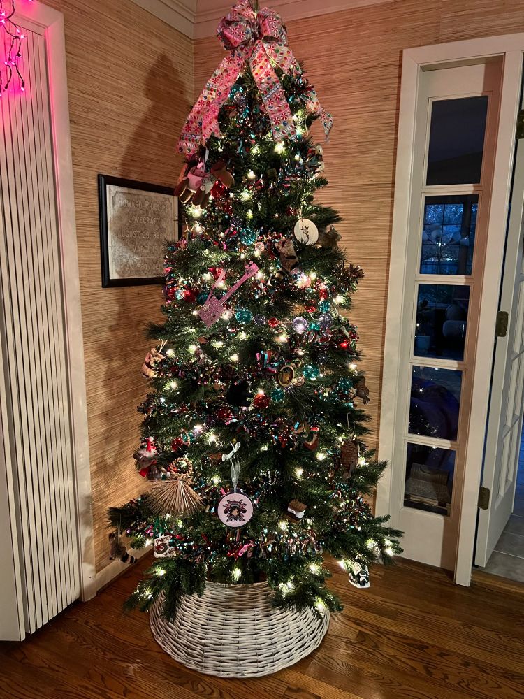 A Christmas tree with lights and ornaments

