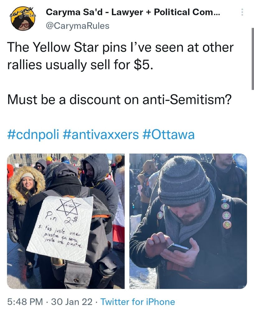 @CarymaRules

The Yellow Star pins I've seen at other rallies usually sell for $5.

Must be a discount on anti-Semitism?

#cdnpoli #antivaxxers #Ottawa

Pin 2$

Si tas juste une ça sera juste une piastre

5:48 PM

30 Jan 22