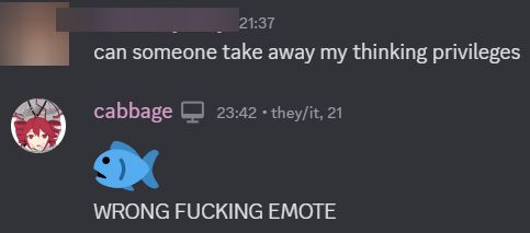 censored person: "can someone take away my thinking privileges"

me: "🐟

WRONG FUCKING EMOTE"