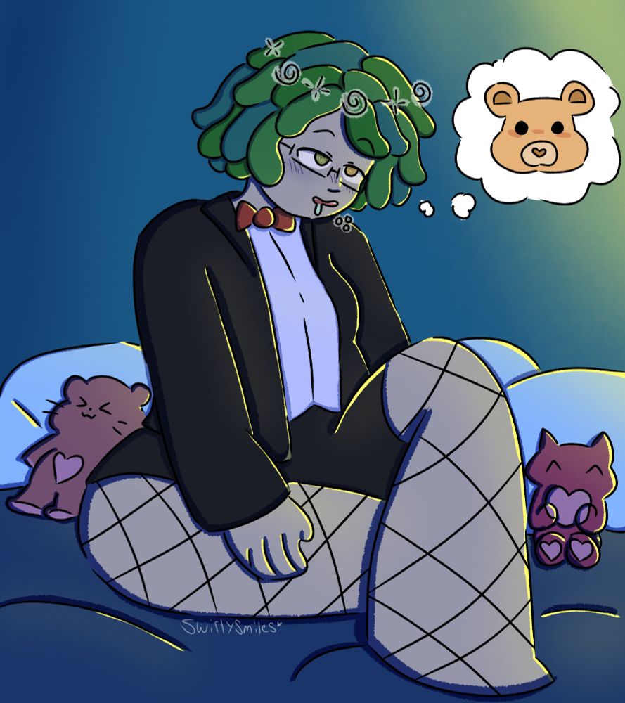 my sona, drawn by swirlysmiles.bsky.social, on a bed, hypnotized to be a plushie, sitting next to two plushies. there are black sparkles around their head and a thought bubble with a teddy bear inside.