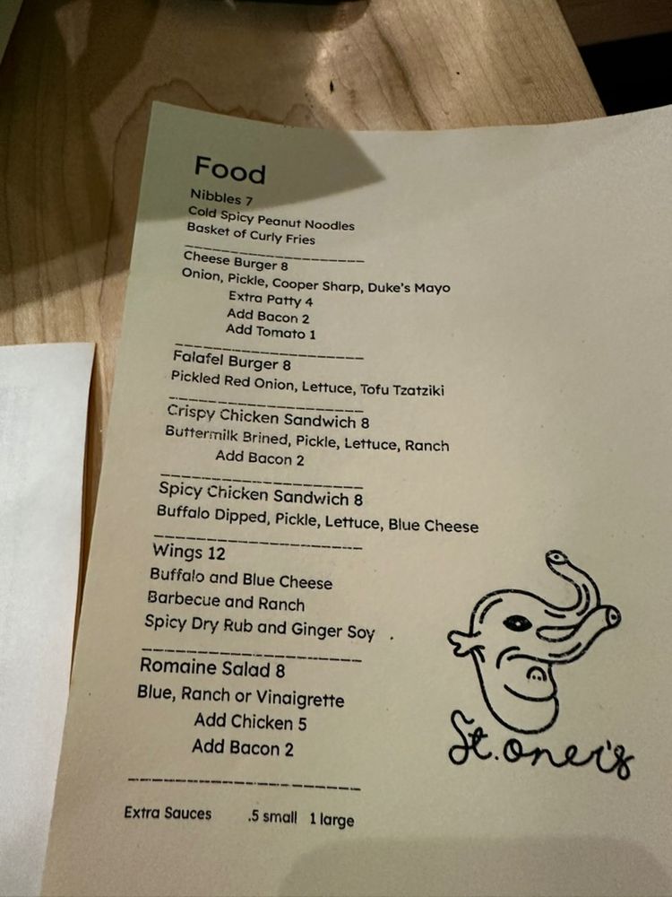 A restaurant menu titled “Food” displayed on a light-colored sheet over a wooden table. The menu includes the following items:
	•	Nibbles $7: Cold Spicy Peanut Noodles, Basket of Curly Fries
	•	Cheese Burger $8: With onion, pickle, Cooper Sharp cheese, Duke’s mayo; extras include a patty ($4), bacon ($2), or tomato ($1)
	•	Falafel Burger $8: With pickled red onion, lettuce, tofu tzatziki
	•	Crispy Chicken Sandwich $8: Buttermilk brined, pickle, lettuce, ranch; bacon can be added for $2
	•	Spicy Chicken Sandwich $8: Buffalo dipped, pickle, lettuce, blue cheese
	•	Wings $12: Flavors include Buffalo & Blue Cheese, Barbecue & Ranch, or Spicy Dry Rub & Ginger Soy
	•	Romaine Salad $8: Choice of Blue, Ranch, or Vinaigrette dressing; chicken ($5) or bacon ($2) can be added
	•	Extra Sauces: $0.50 for small, $1 for large

In the bottom right corner is a hand-drawn elephant head logo with the name “Stoner’s” written below it.