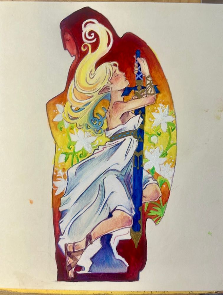 A watercolor and gouache painting of Zelda from the Breathe of the Wild, praying while cradling the Master Sword. She’s is framed by flowers and the statue of Hylia. 