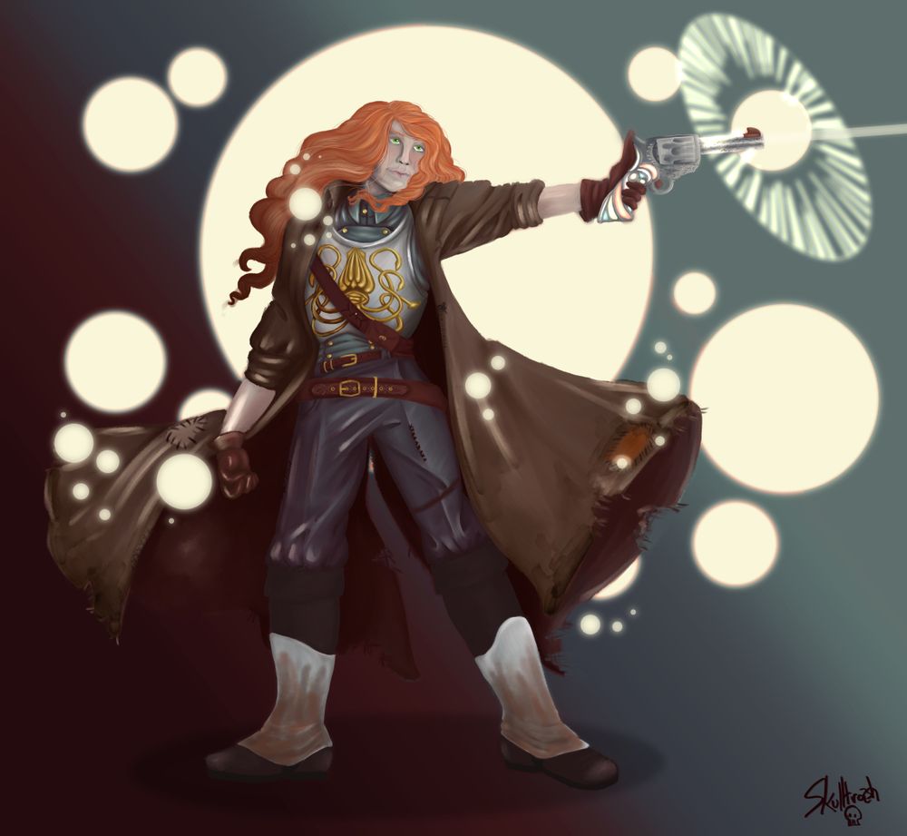 Artwork of a friend's dungeons and dragons character. She is a gunslinger, holding her gun out and casting a spell as she fires it off screen to the right. She has red hair and green eyes. She wears a breast plate with a gold squid on it and a long brown duster coat. Her gun, a small revolver, is iron with a handle that looks like stained glass glowing from within and red infernal iron sights. She is surrounded by light orbs.