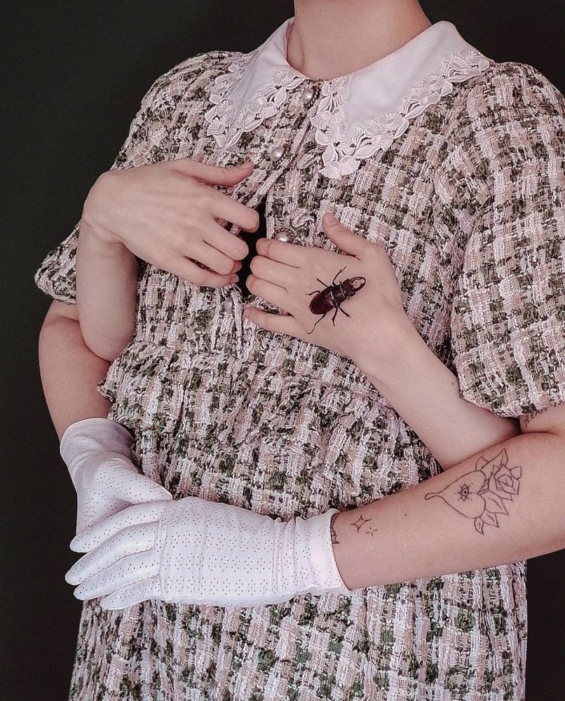 Surreal portrait photograph. A torso is visible from the front, from the hips up, wearing a green and beige tweed dress with a white lace collar. The torso's arms are clasped in front of the stomach, hands clad in white fabric gloves. The torso's arm on the right side of the photograph has black line art tattoos. Two arms are reaching forward from under the torso's arms, hands gently prying open the unbuttoned chest part of the dress, the inside seems to be dark and empty. There is a brown beetle crawling on the hand reaching into the chest on the right side of the photograph.