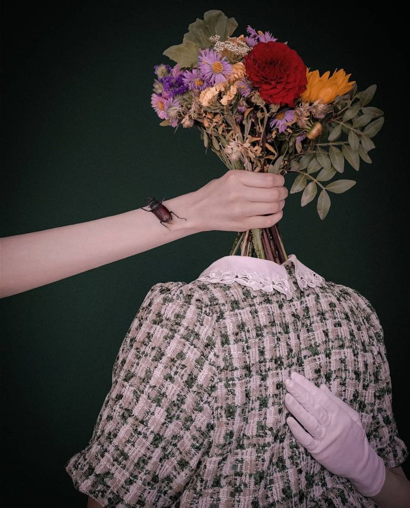 Surreal portrait photograph. A torso is visible from the back, from the chest up, wearing a green and beige tweed dress with a white lace collar. A hand wearing a white glove is holding the torso's back in a soothing gesture. An arm reaching into the photograph from the left side is holding a bouquet of flowers made up of chrysanthemums, daisies, sunflowers, dahlia and green leaves. The stems of the flowers extend into the collar of the dress like a neck, the bouquet is replacing the head. There is a brown beetle crawling on the arm reaching into the photograph.