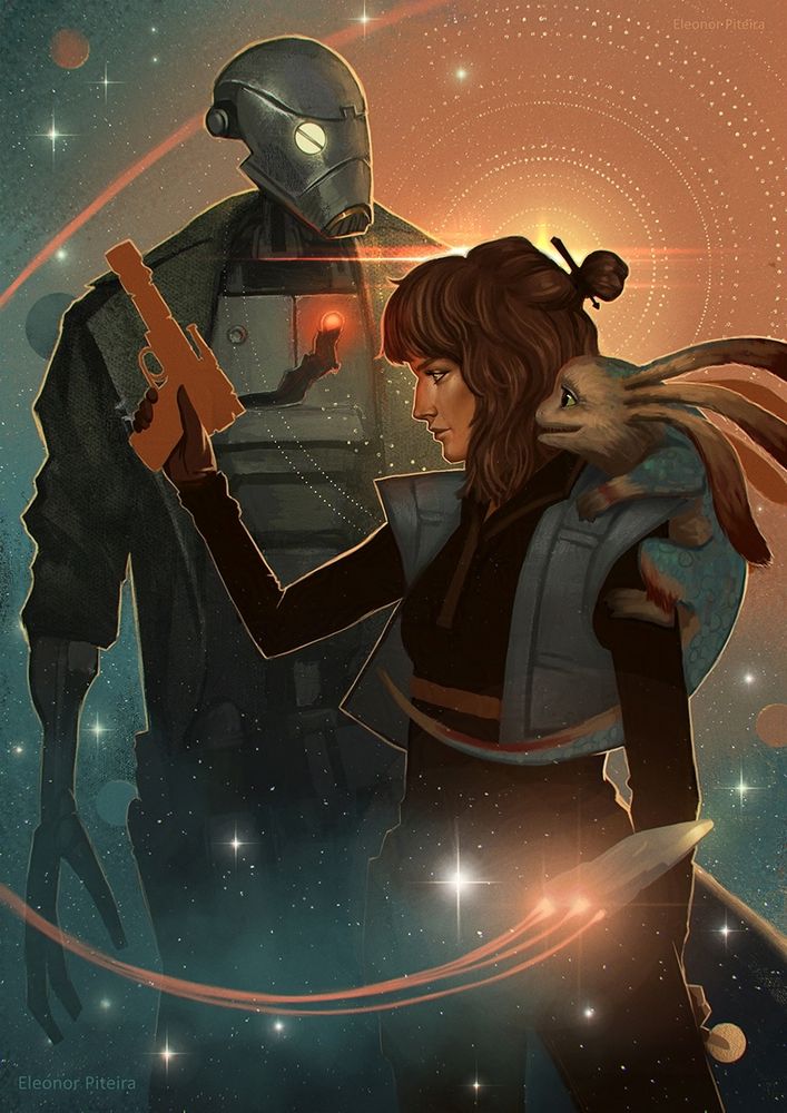 Star Wars: Outlaws videogame fanart by Eleonor Piteira featuring ND-5 a droid with a long coat, Kay Vess a young human woman with brown short hair holding a blaster, Nix a axolotl-inspired creature with fur and scales on Kay's shoulder, and a small spaceship called Trailblazer flying in front of them amongst stars. Orange/yellow sunlight illuminates them from the back.