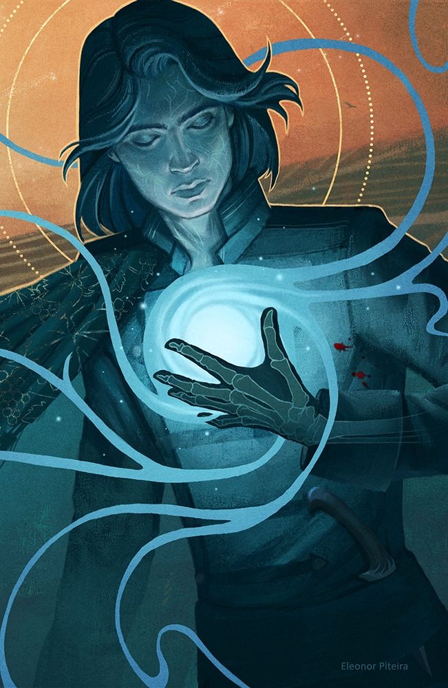 Cover illustration by Eleonor Piteira of the book 'The Bloodweaver' by C. N. Kuster, featuring a young man with eyes closed, holding a spiralling ball of blue magic in his hand. Through the light of the magic we can see the bones of his hand. He's wearing a uniform with a knife on his belt, and there is a landscape of vineyards on the background.