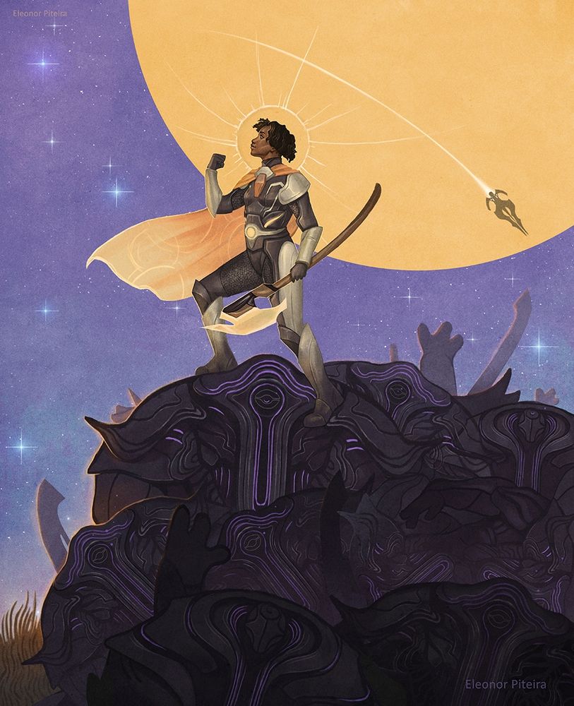 Haliya, Guided by Light, illustrated by Eleonor Piteira for the Magic: The Gathering set 'Edge of Eternities'. A young black woman dressed in light armour with an orange cape and holding a sci-fi-looking axe, stands triumphantly on top of a pile of dead enemies in dark bulky armours. Behind her there's a flat orange planet against a light purple background with stars, while the silhouette of a ship flies by.