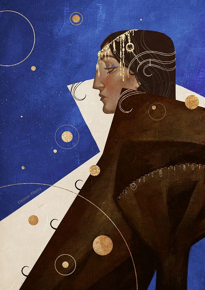 Stylized illustration of a woman in profile with an elaborate golden piece of jewellery around her head, painted by Eleonor Piteira