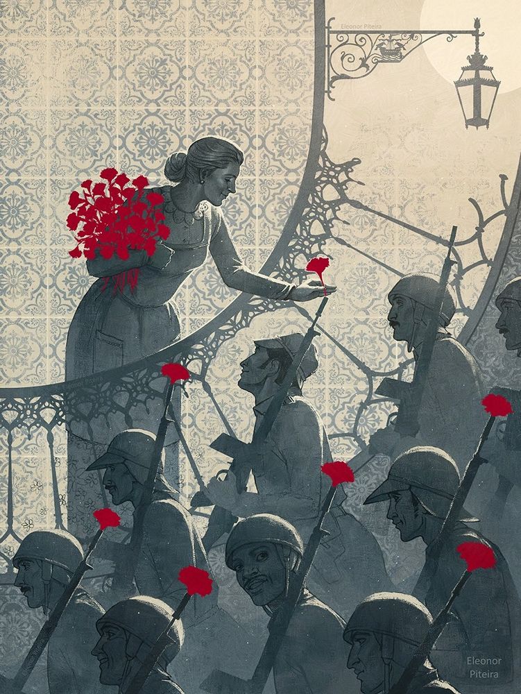 A woman on a balcony, holding a bouquet of red carnations, gives one of them to a soldier passing below, placing it on the muzzle of his gun while he looks up at her. All round, other soldiers walk beside him, some wearing red carnations on the muzzles of his guns too, others waiting for their turn. On the background, Portuguese tiles frame the woman, while the balcony's railing slowly transforms into a streetlamp typical of Lisbon (with a caravel and 2 ravens, the symbols of the city).