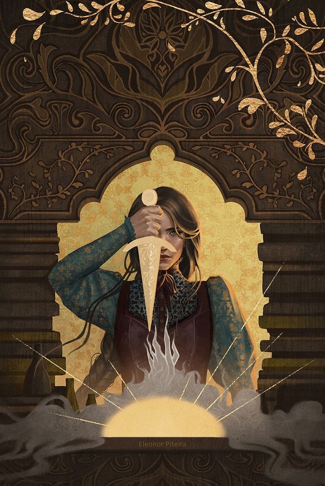Illustration by Eleonor Piteira of the book cover of 'The Demonic Inventions of Aurelie Blake' by Mara Rutherford, featuring a young white dark-haired woman holding a dagger in front of her face pointing downwards to a creepy hand coming out of smoke surrounding a yellow half circle on a table. Books and a frame made out of wood with plant designs surround the woman.