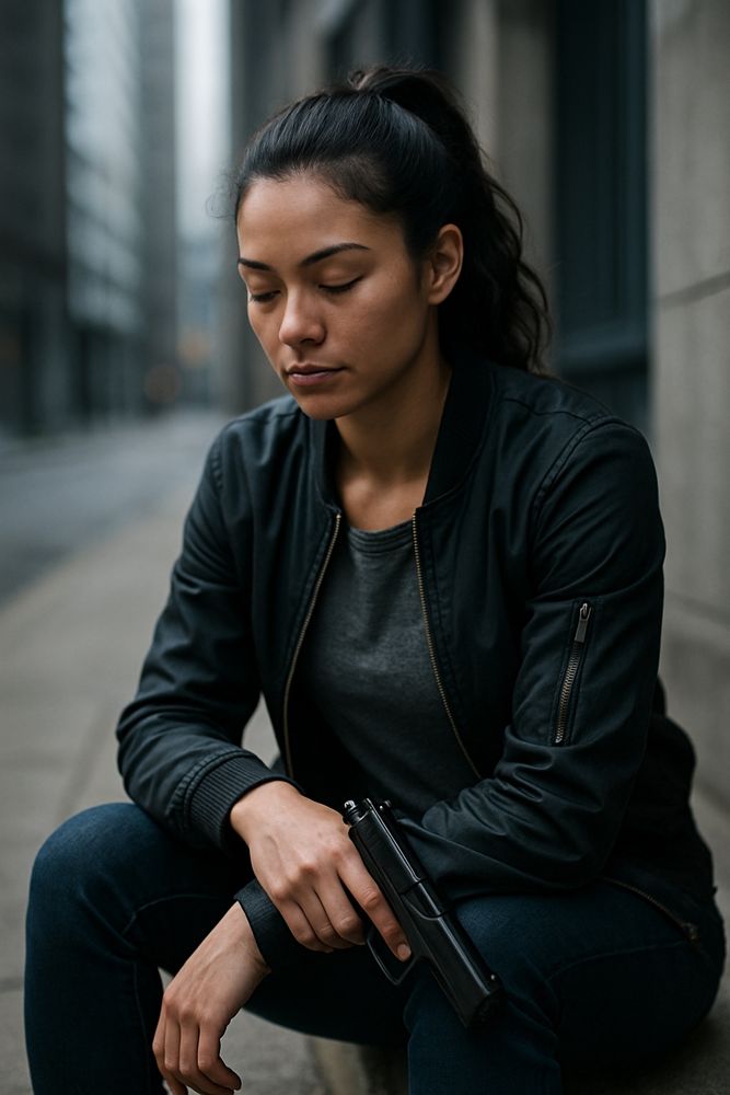 Woman sitting on a curb in the city with her eyes closed holding a handgun.