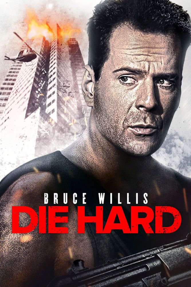 Die Hard CD box cover with photo of Bruce Willis and exploding Nakatomi Plaza on the front 