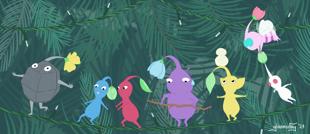 one of each type of pikmin walking on a string of white christmas tree lights like a tight rope.