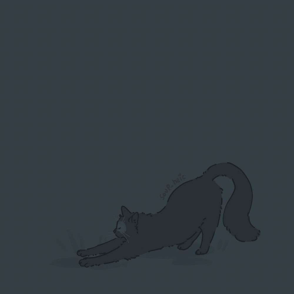 drawing of cat shifter simon “ghost” riley, in cat form, doing a big stretch.

his front paws are in front of him, and there’s a big arch in his back. 