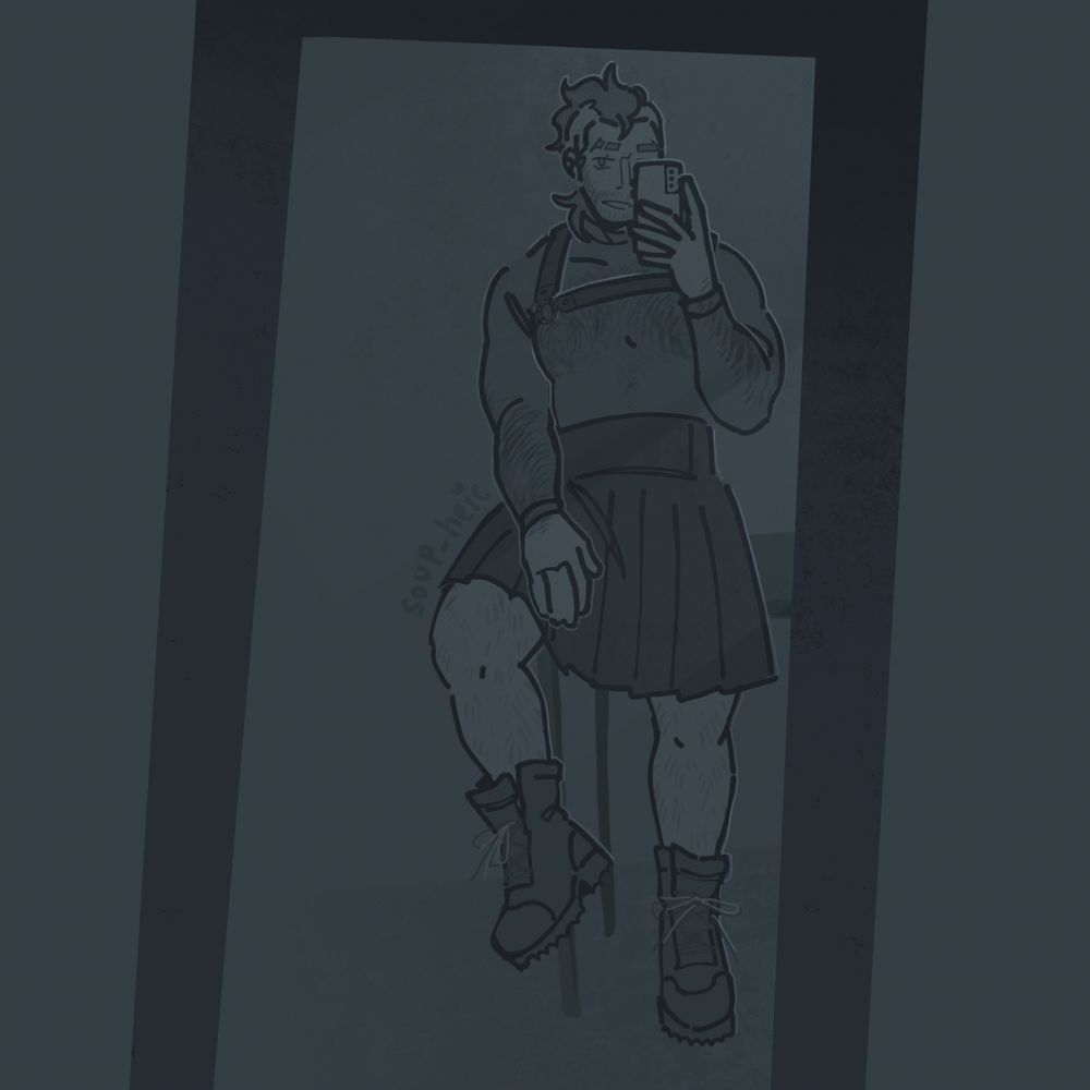 drawing of john "soap" mactavish taking a mirror selfie. he's half sitting on a table behind him, one leg raised and bent.

soap is wearing a kilt, mesh shirt, and harness. one hand is resting in his bent leg, and the other is holding his phone. he's smirking and looking at the viewer.
