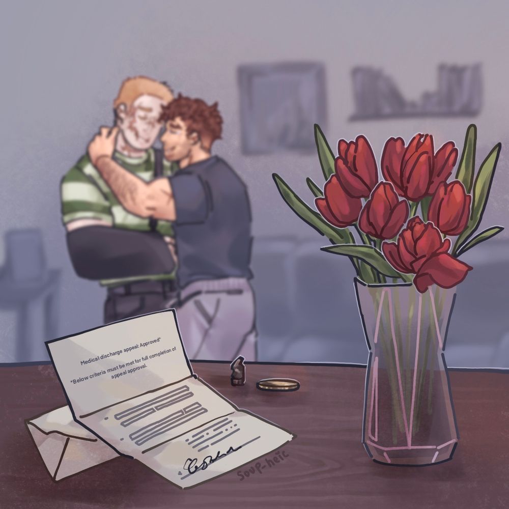 drawing of featuring john “soap” mactavish and simon“ghost” riley, who are embracing with tears in their eyes in the background. they are out of focus.

the foreground has a letter which reads:  “Medical discharge appeal Approval* (*Below criteria must be met for full completion of appeal approval.)”.

there’s a bent bullet and a coin next to the letter, as well as a vase of red tulips in a glass vase. the items are sitting on a wooden table. 