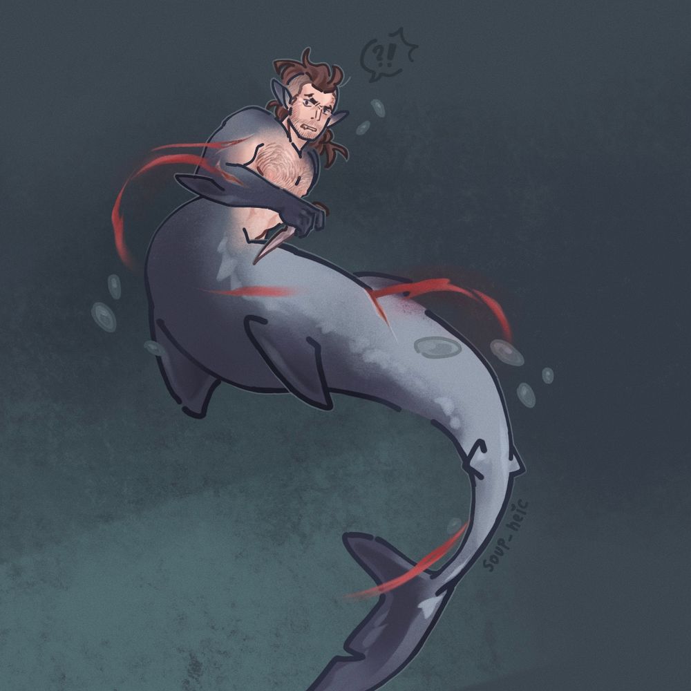 drawing of john "soap" mactavish, who is a mako shark mer. he's holding ghosts courting knife.

his body is twisted and there are bubbles and blood floating in the water around him implying the motion. there are various cuts on soap's body, that the blood is coming from.

his face is scrunched in anger. there is a tiny speak bubble, with two exclamation marks inside, next to his head.