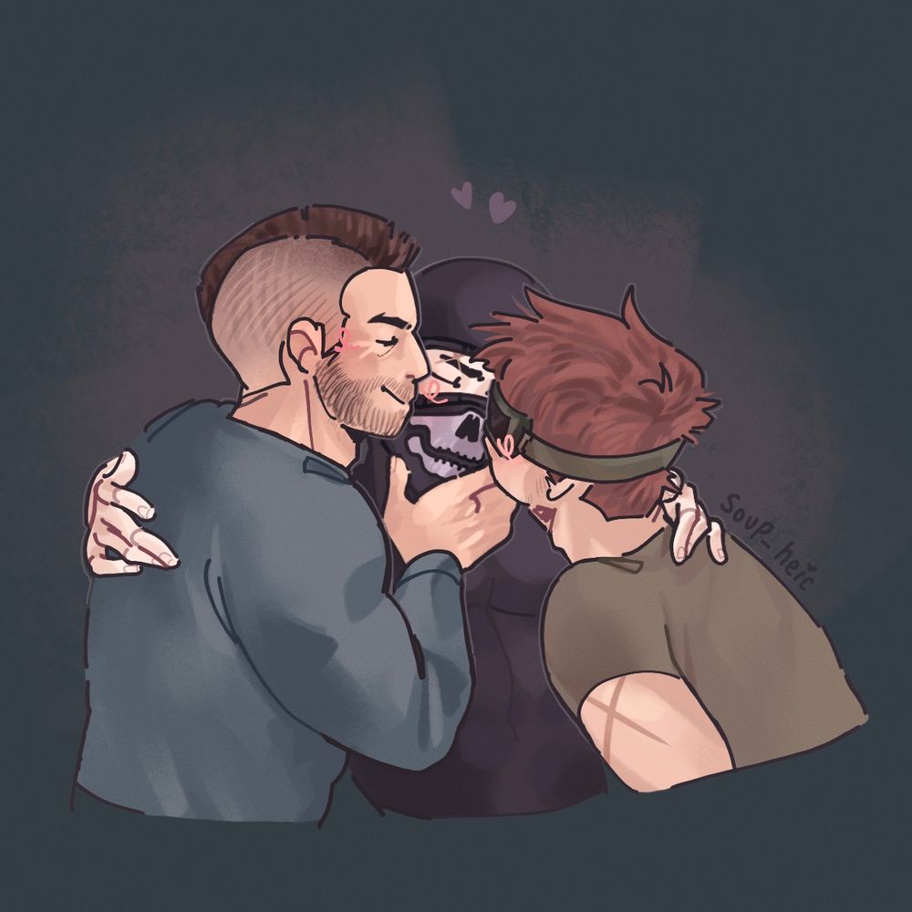 drawing of john “soap” mactavish, simon “ghost” riley, and gary “roach” sanderson.

soap and Rocha re kissing ghost on the cheek. ghosts hands are wrapped around both soap and roach. they all are blushing and smiling.