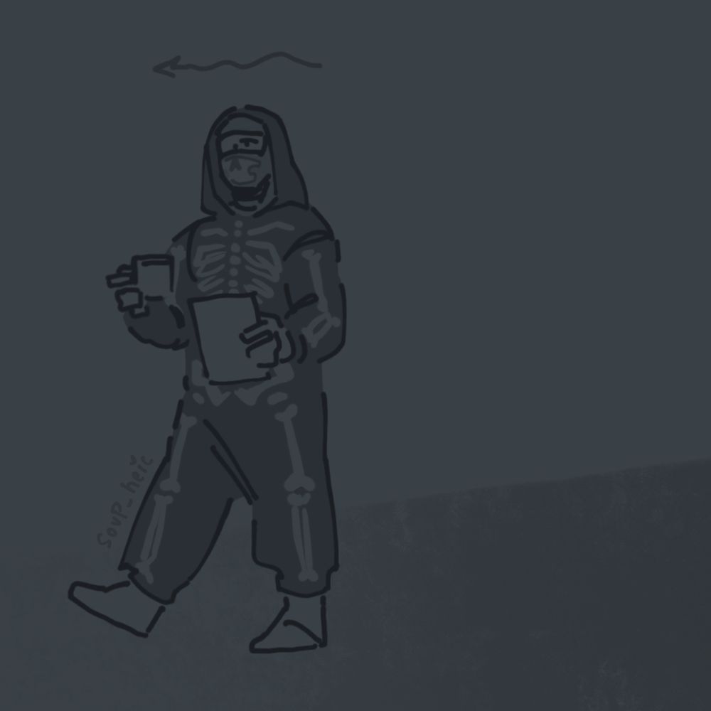 drawing of ghost wearing a skeleton onesie. he’s holding a cuppa and paper documents while walking. 