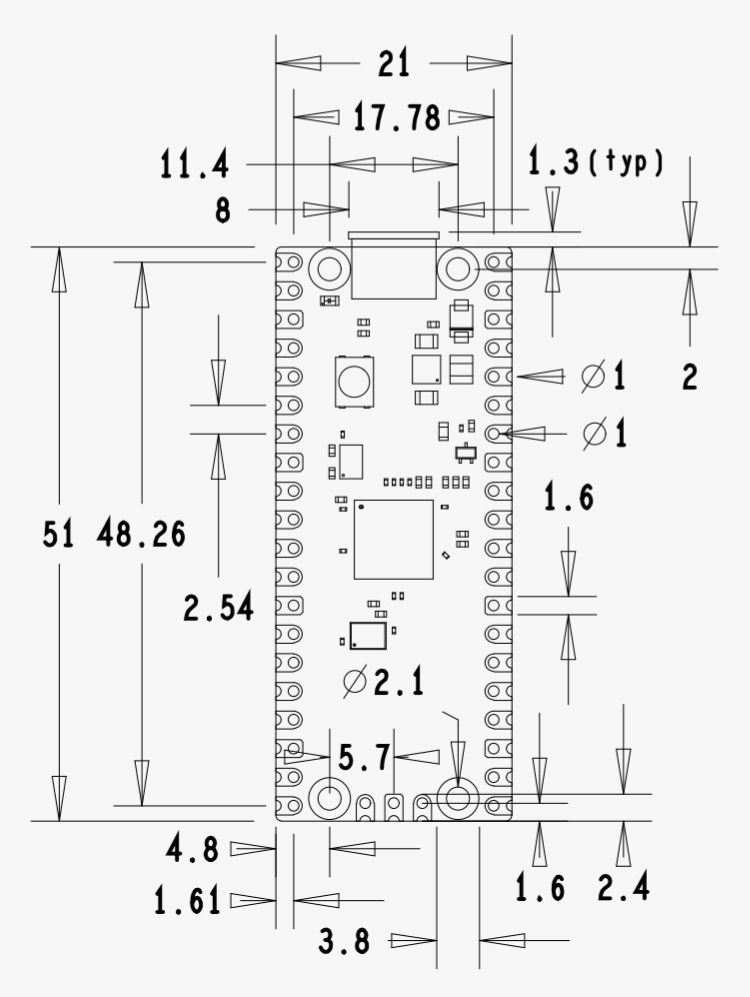 black on white diagram of a little printed board with a bunch of tiny components on it and a large number of lines, arrows, and numbers showing distances
