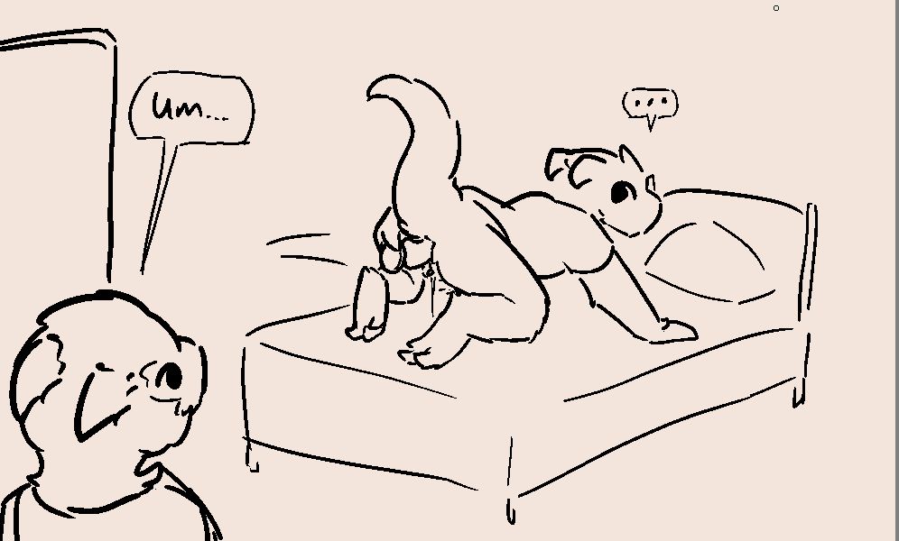 A sketch of Jaruel staring at Nguoro, who is bottomless on all fours and pushing a dildo into his ass. Jaruel is saying "Um...".