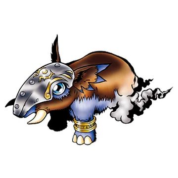 Picture of the digimon tapirmon. He is a small creature fashioned after a tapir with purple and brown fur and a metal plate on his snout. His back two legs are wispy grey clouds.