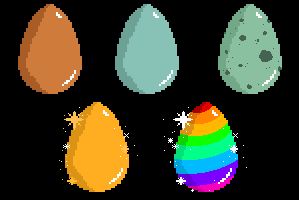 Top row: A brown chicken egg, a pale blue chicken egg, and a pale green chicken egg with dark green splotches.
Bottom row: A golden chicken egg, sparkling bright gold and white; a rainbow chicken egg, sparkling bright white.