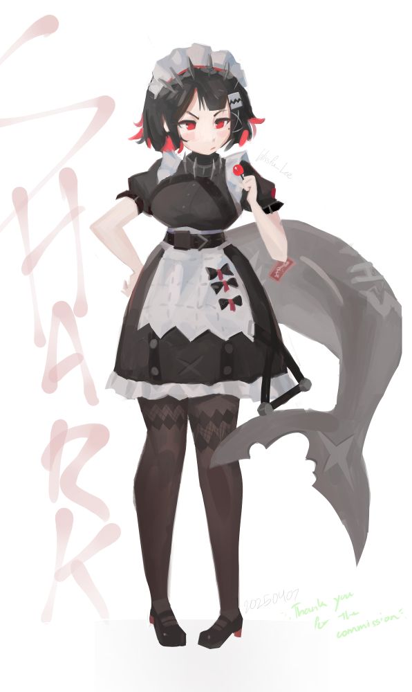 Drawing of Ellen Zoe from Zenless Zone Zero. Plain white background with spray painted text "SHARK". Like the one on her tail. She is standing holding a lollipop with an annoyed expression.
