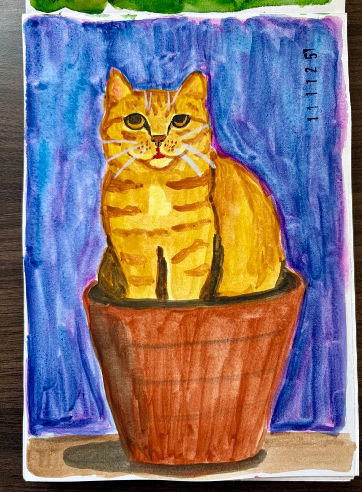 A painting made using gouache of an orange cat sitting in a plant pot. 