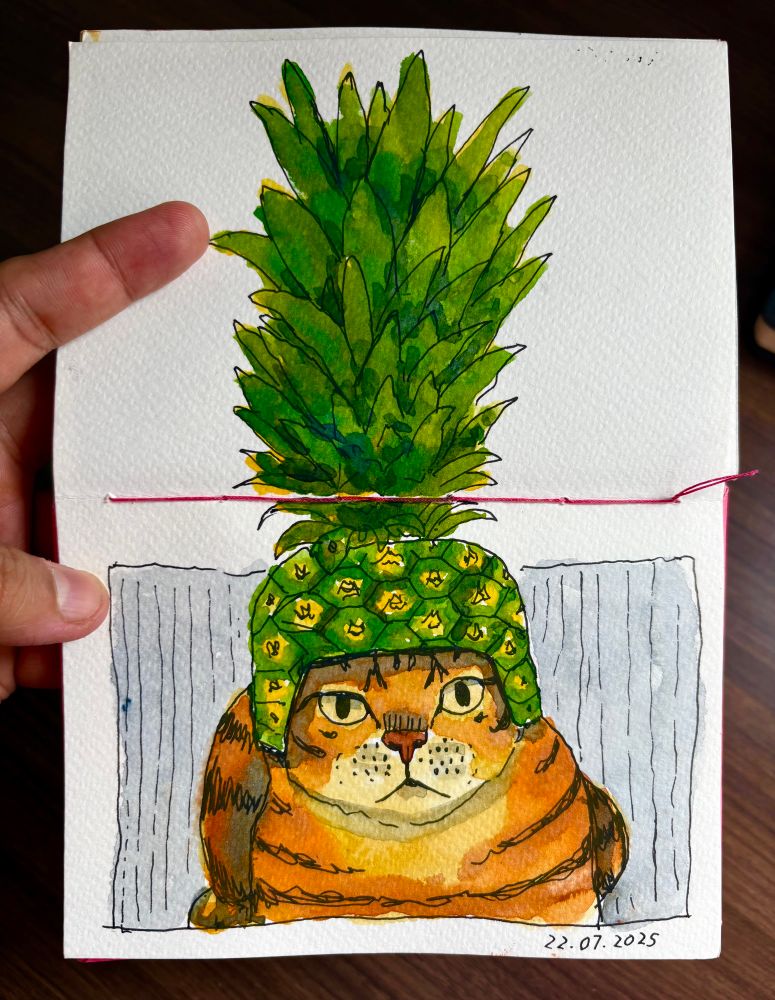 A sketch of an orange cat wearing a hat made from actual pineapple. 