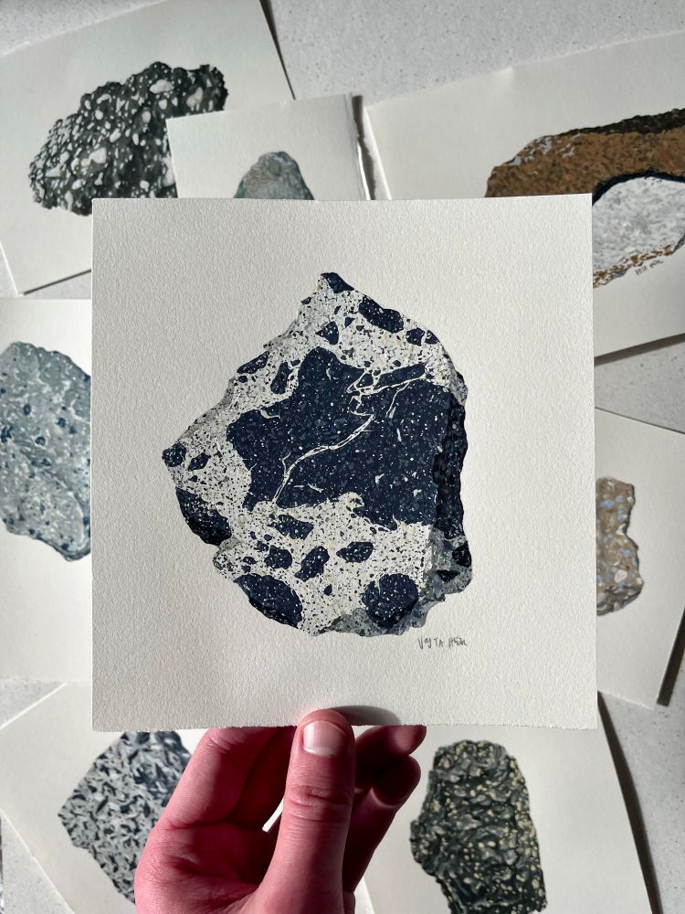 A gouache illustration of a black and white rock