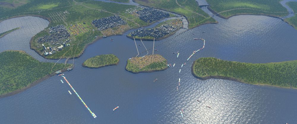 A view of a landscape with four cities and heavy boat traffic from the game Cities Skylines