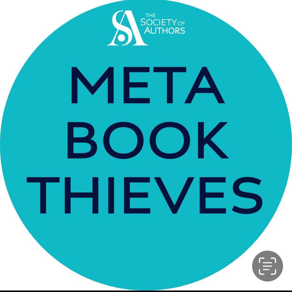 Turquoise circle with block capitals stating ‘Meta Book Thieves’
