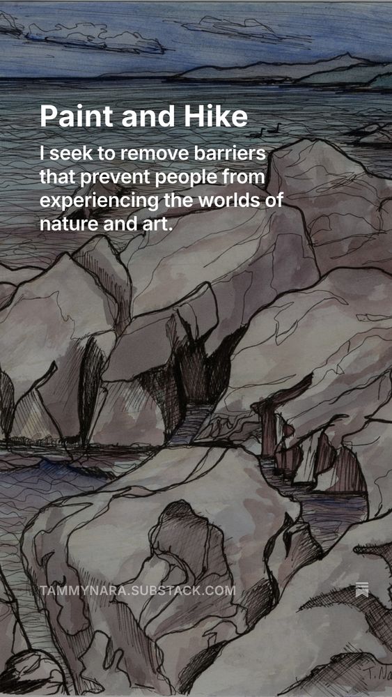 Drawing of rocks with the words, Paint and Hike" and a mission statement 